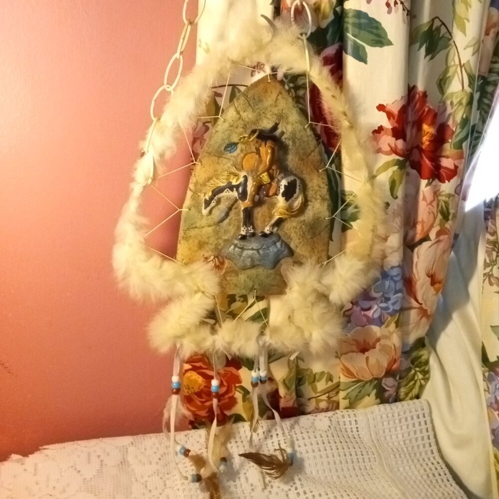 NATIVE AMERICAN HANGING ROCK 13" INDIAN RIDING A BULL DECOR